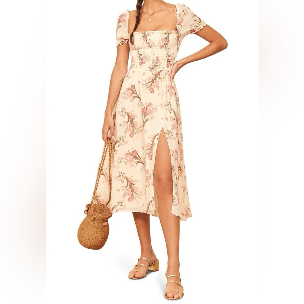 Reformation Leila Inka Smocked Midi Dress XL Ivory Pink Floral Slit
